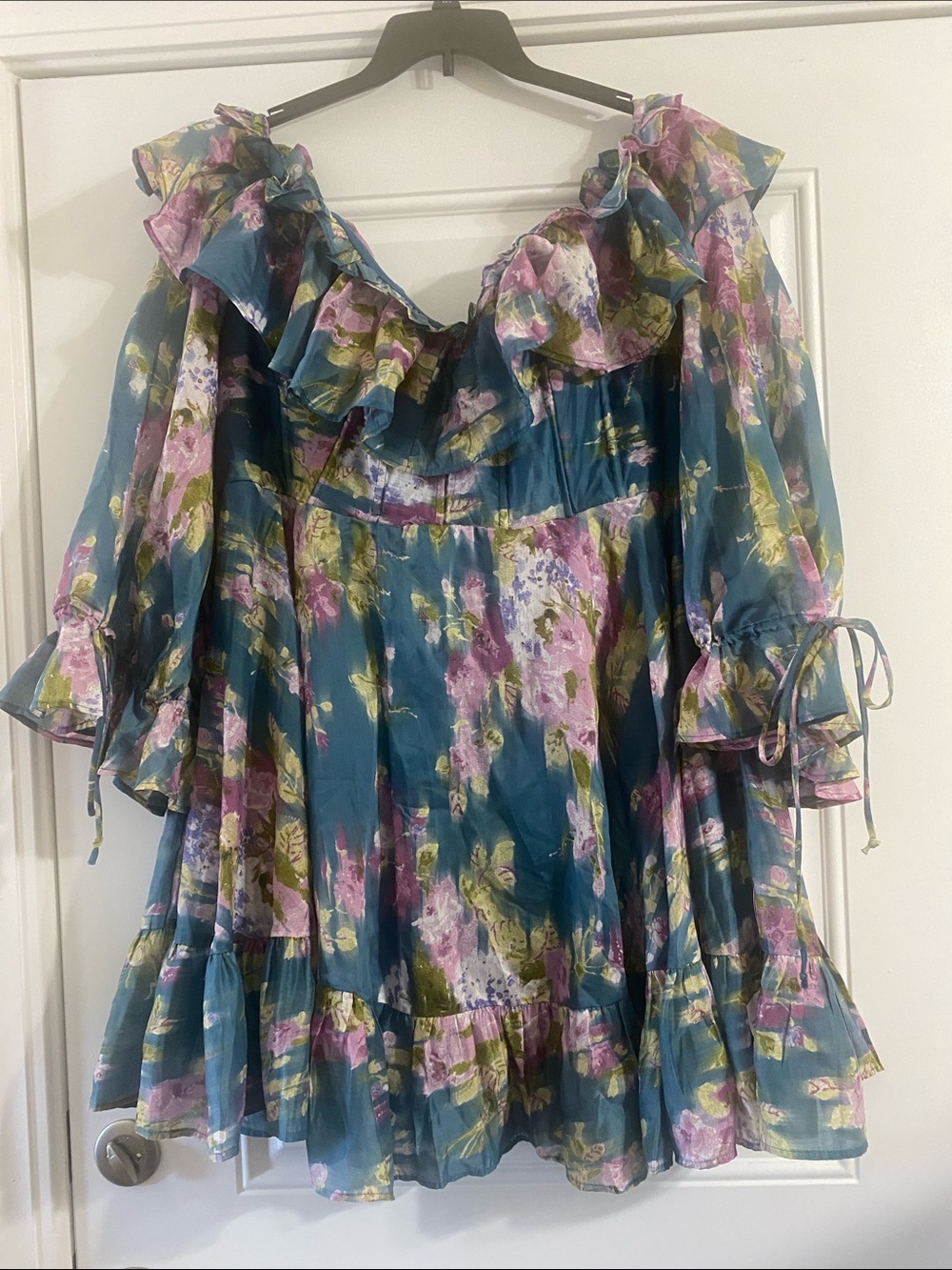ASOS Curve Teal Floral Ruffle Dress